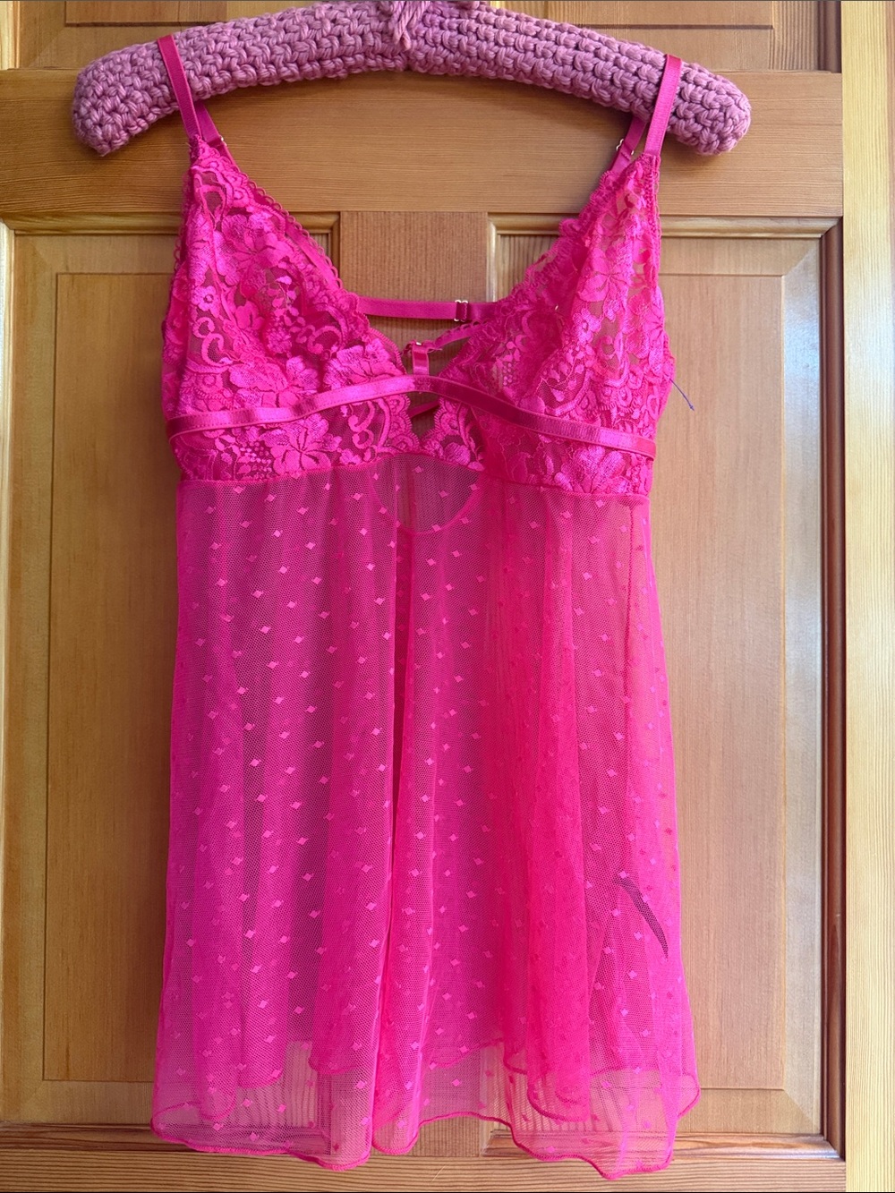Oh Là Là Chéri Paris Hot Pink Lace Sheer Mesh Babydoll Lingerie L/XL